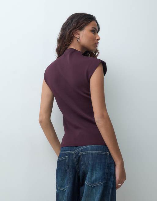 ASOS DESIGN knitted compact grown on funnel neck top in plum, 4 of 4