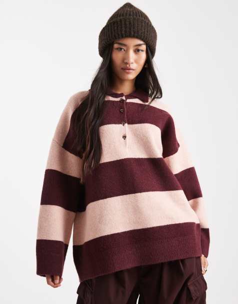 ASOS DESIGN knitted compact polo shirt in burgundy & pink stripe - view 1