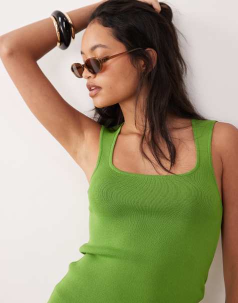 ASOS DESIGN knitted compact square neck cami in green - view 1