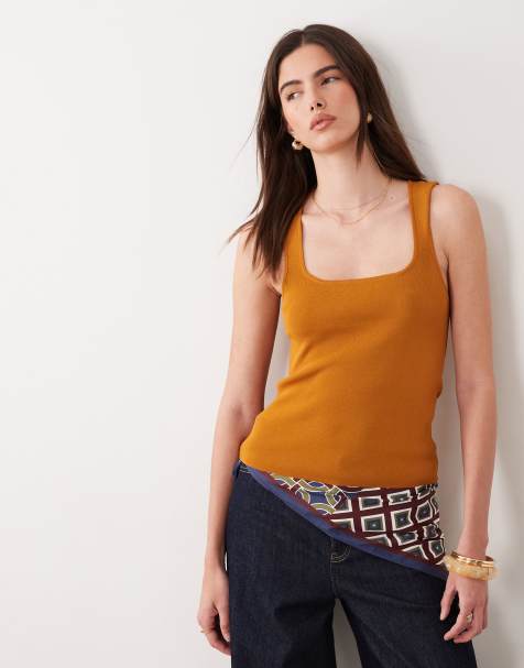 ASOS DESIGN knitted compact square neck cami in toffee - view 1