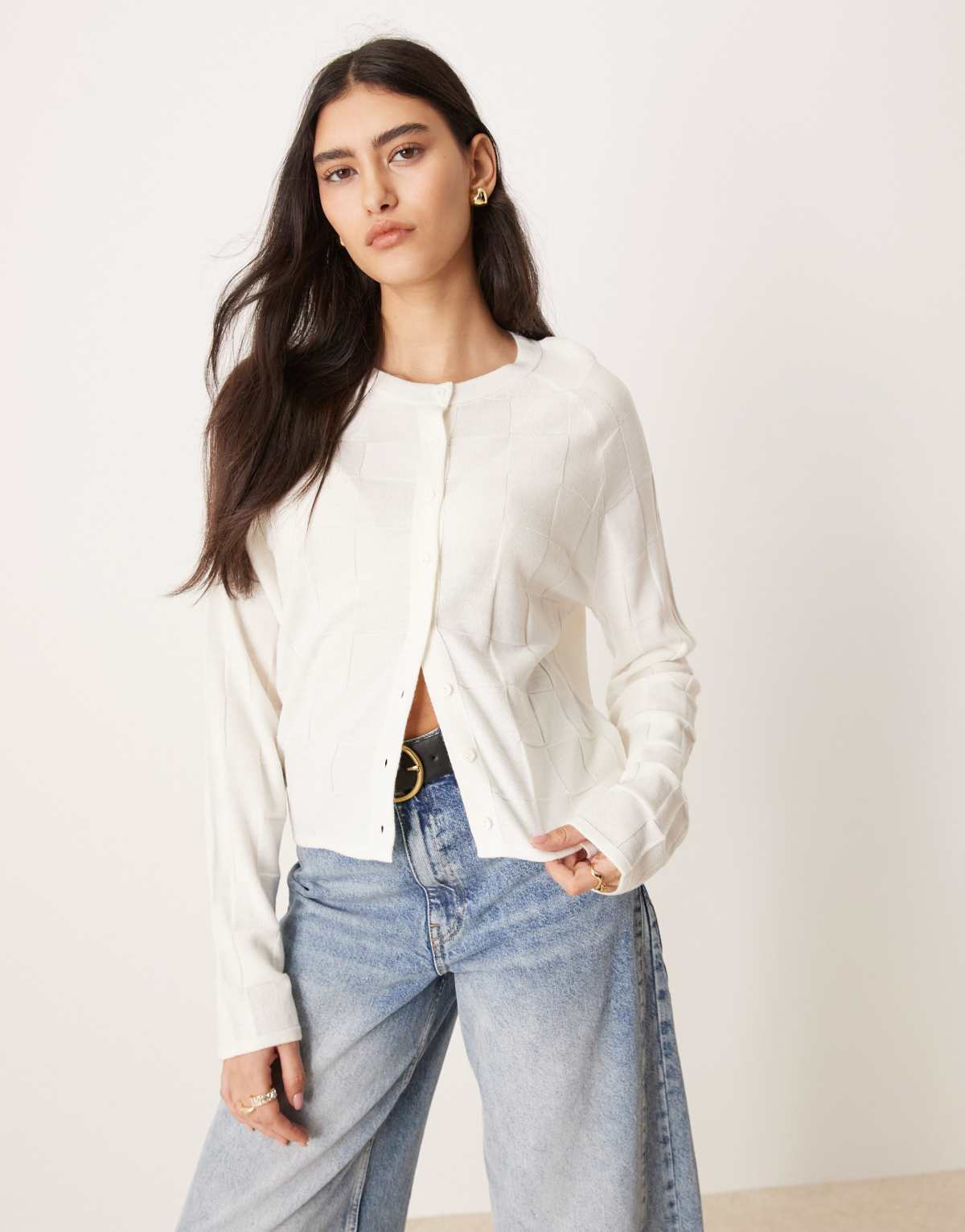 ASOS DESIGN knitted compact stitch crew neck cardigan in cream