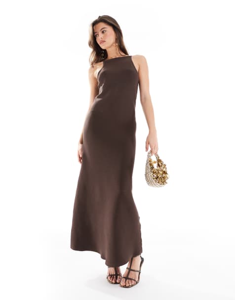 ASOS DESIGN knitted compact strappy midaxi dress in chocolate - view 1