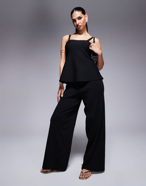 ASOS DESIGN knitted compact swing a line cami & wide leg pants set in black - view 1