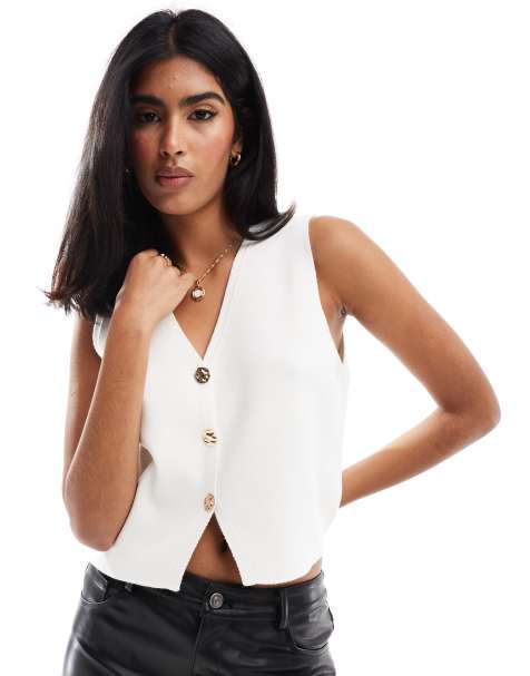 ASOS DESIGN knitted compact v neck waistcoat with gold buttons in white - view 1