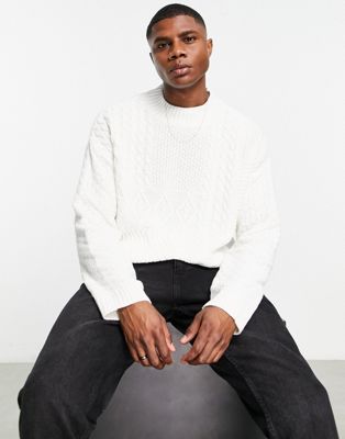 ASOS DESIGN knitted contrast cable jumper in beige