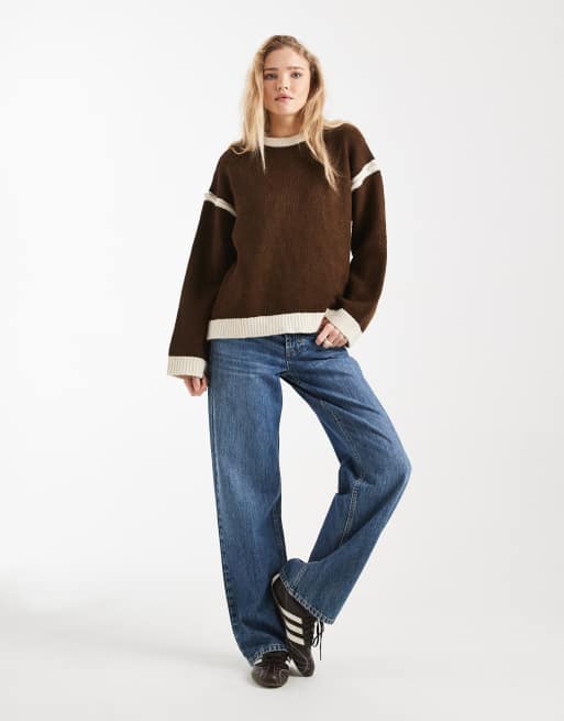 ASOS DESIGN knitted contrast detail jumper in brown, 2 of 4