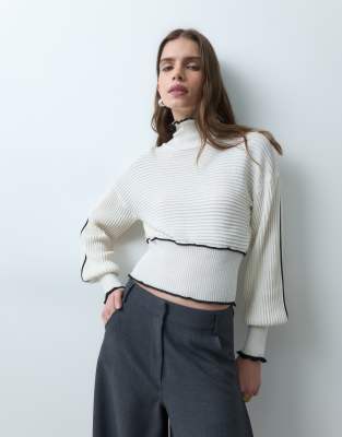 ASOS DESIGN knitted contrast edge ribbed sweater in ecru | ASOS