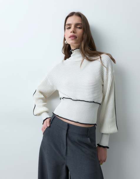 ASOS DESIGN knitted contrast edge ribbed sweater in ecru - view 1