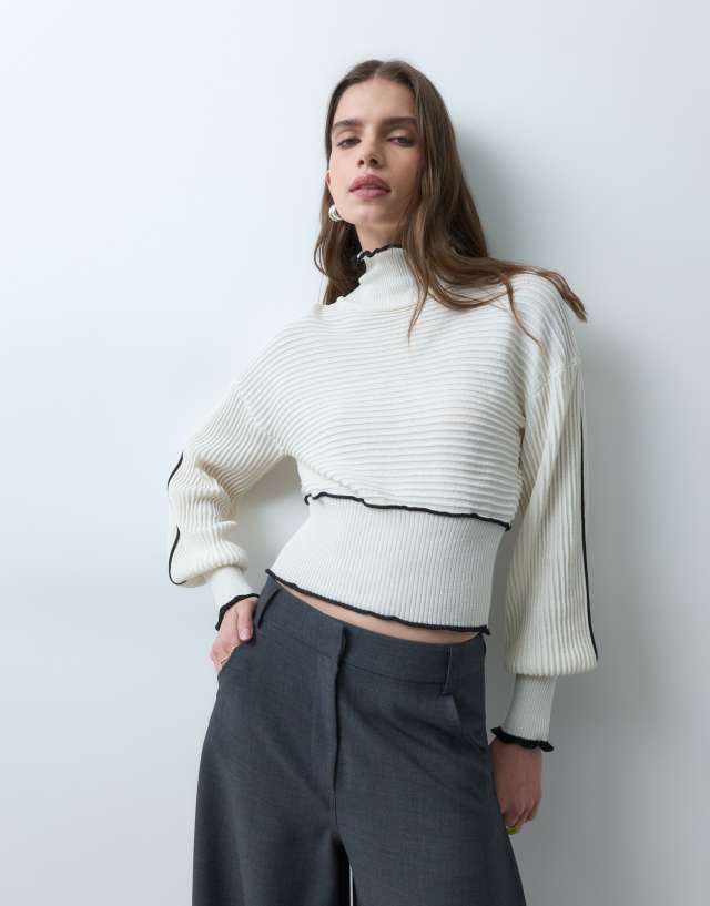 ASOS DESIGN knitted contrast edge ribbed sweater in ecru