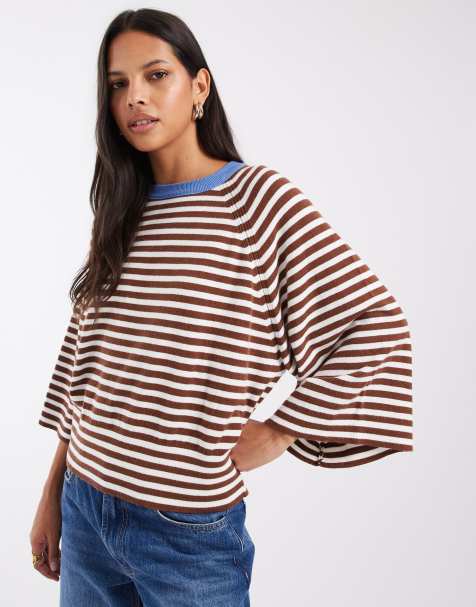 ASOS DESIGN knitted contrast jumper in ecru and brown striped - view 1