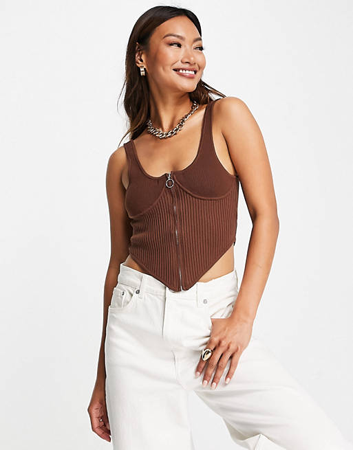 Tops knitted corset with zip through in brown 