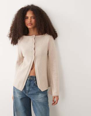 ASOS DESIGN knitted cotton blend boucle cardigan in stone-Brown