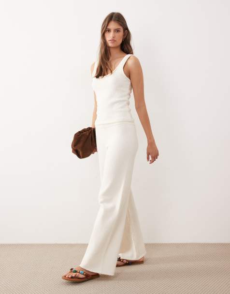ASOS DESIGN knitted cotton blend boucle pants in ecru (part of a set) - view 1