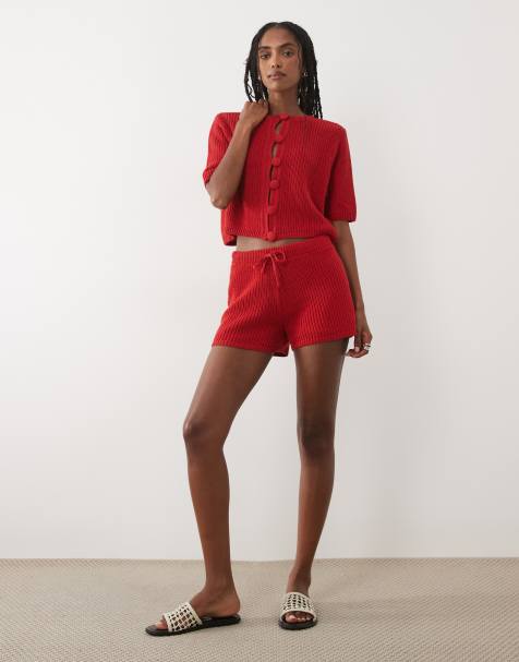 ASOS DESIGN knitted cotton blend cardigan set in red - view 1
