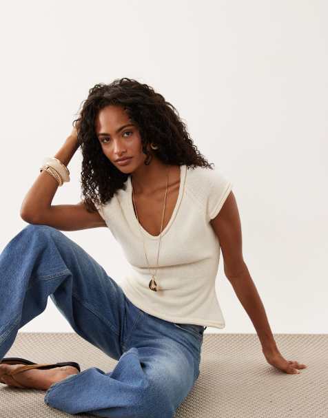 ASOS DESIGN knitted cotton blend raglan tee in ecru - view 1