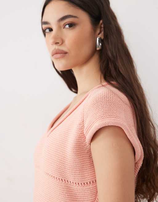 ASOS DESIGN knitted cotton blend raglan tee in peach, 2 of 4