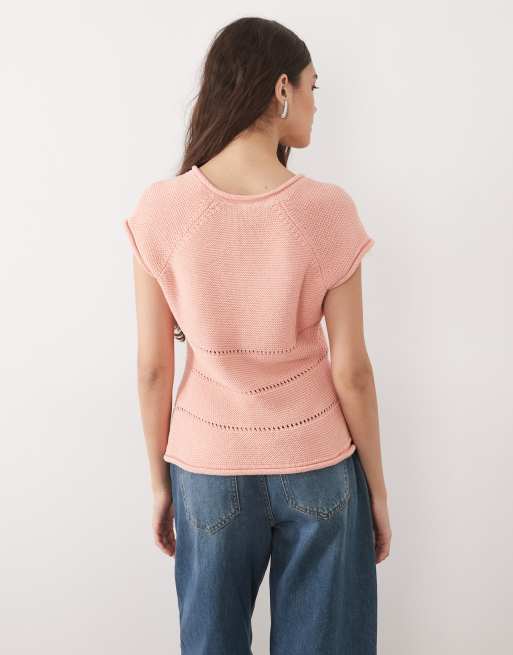 ASOS DESIGN knitted cotton blend raglan tee in peach, 3 of 4