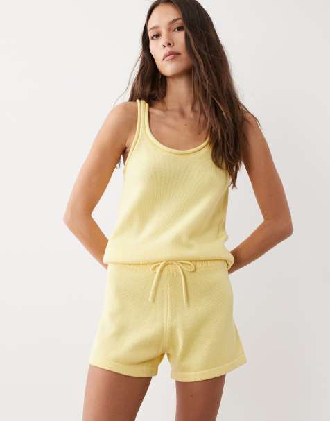 ASOS DESIGN knitted cotton blend short co-ord in lemon - view 1