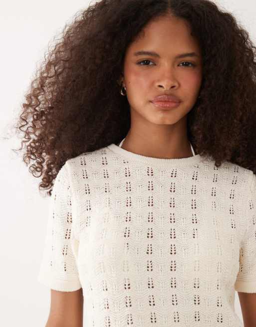 ASOS DESIGN knitted cotton blend top co-ord in ecru, 3 of 4