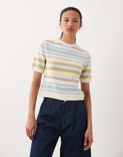 ASOS DESIGN knitted cotton blend top in buttermilk stripe, 3 of 4