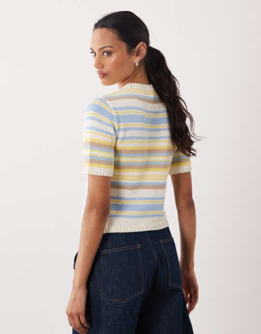 ASOS DESIGN knitted cotton blend top in buttermilk stripe, 4 of 4