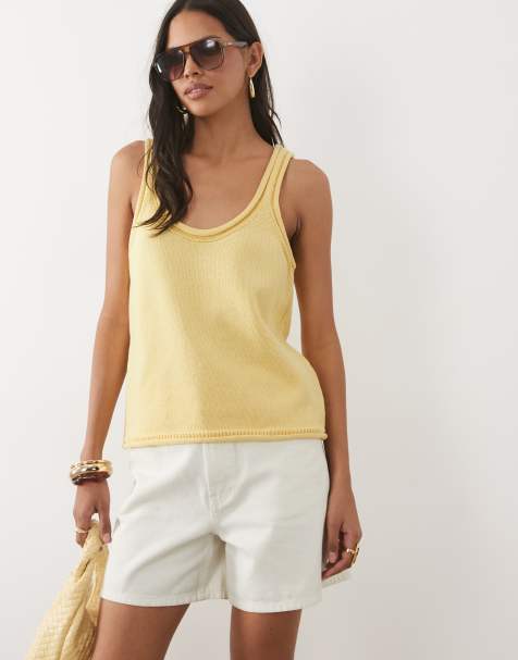 ASOS DESIGN knitted cotton blend u-scoop cami top in yellow (part of a set) - view 1