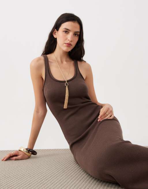 ASOS DESIGN knitted cotton blend u-scoop maxi dress in chocolate, 2 of 4