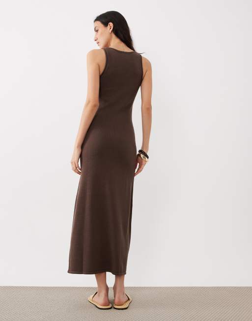 ASOS DESIGN knitted cotton blend u-scoop maxi dress in chocolate, 4 of 4