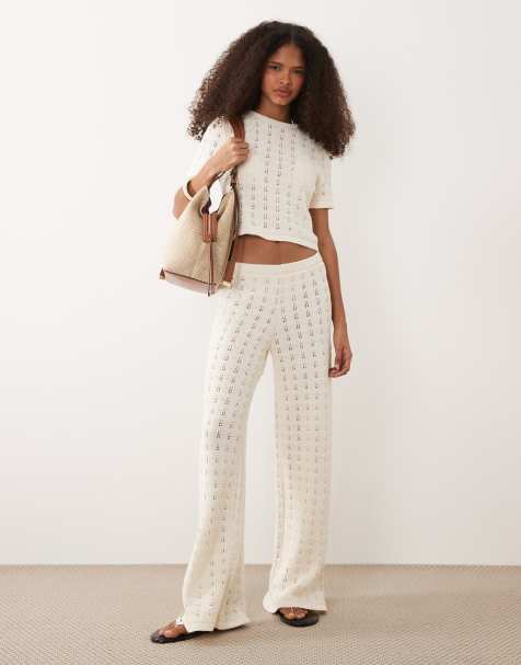 ASOS DESIGN knitted cotton blend wide leg pants in ecru (part of a set) - view 1