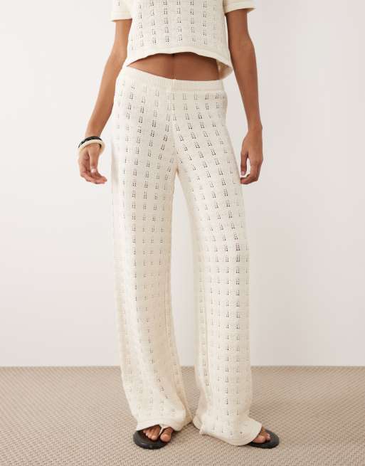 ASOS DESIGN knitted cotton blend wide leg trouser co-ord in ecru, 2 of 5