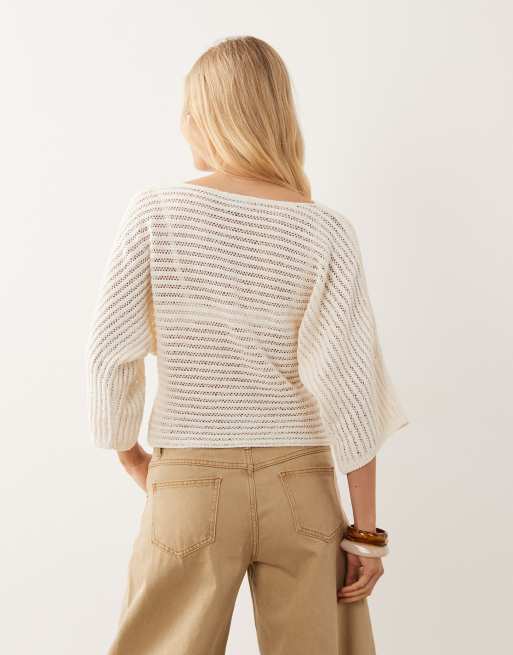 ASOS DESIGN knitted cotton boucle batwing top in ecru, 3 of 4
