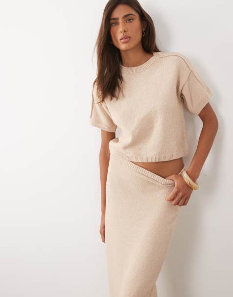 ASOS DESIGN knitted cotton boucle top in ecru (part of a set) - view 1