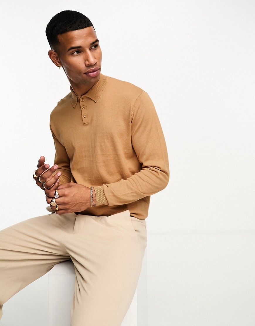 ASOS DESIGN knitted cotton essential polo in tan-Brown