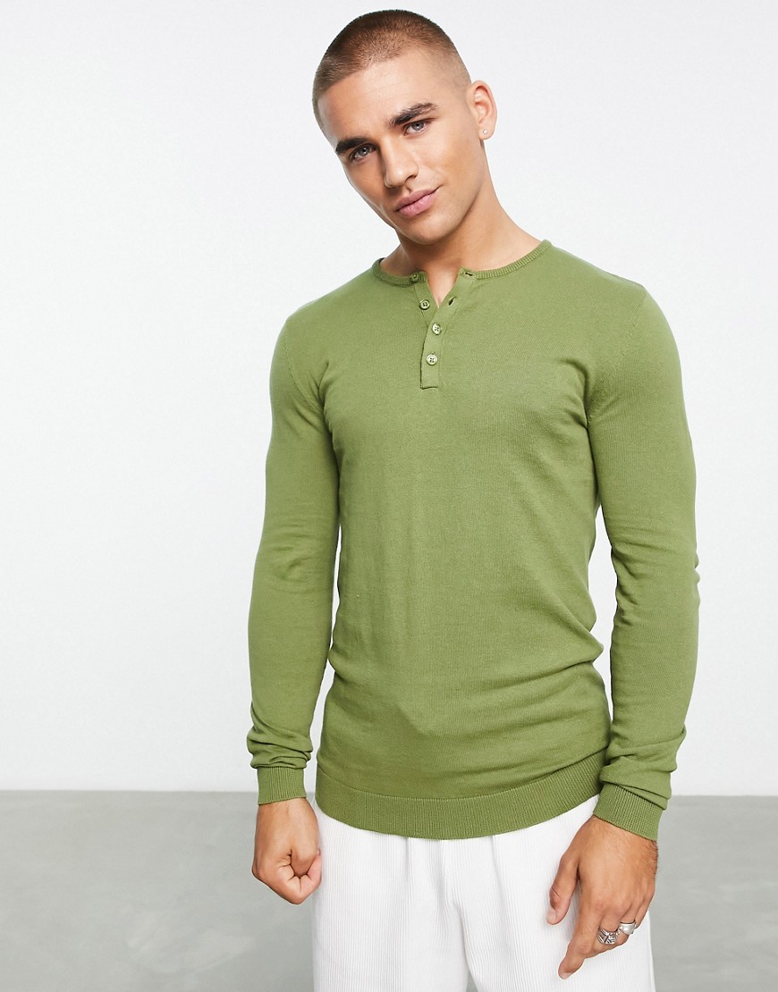 ASOS DESIGN knitted cotton grandad polo in khaki-Green