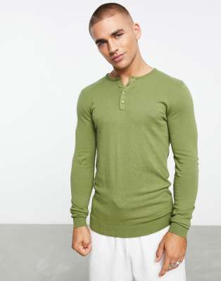 ASOS DESIGN knitted cotton grandad polo in khaki | ASOS