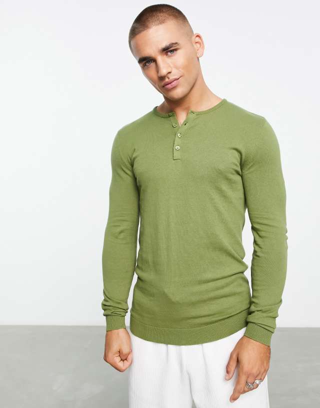 ASOS DESIGN knitted cotton grandad polo in khaki