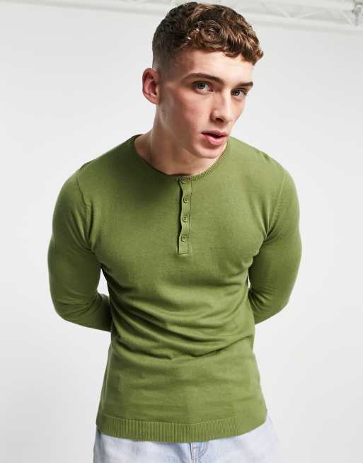 ASOS DESIGN knitted cotton grandad polo in khaki | ASOS