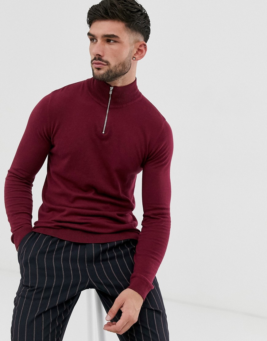 ASOS DESIGN knitted cotton half zip jumper in burgundy-Red