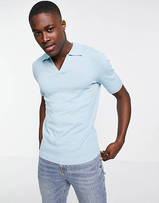 ASOS DESIGN knitted cotton notch neck polo in blue