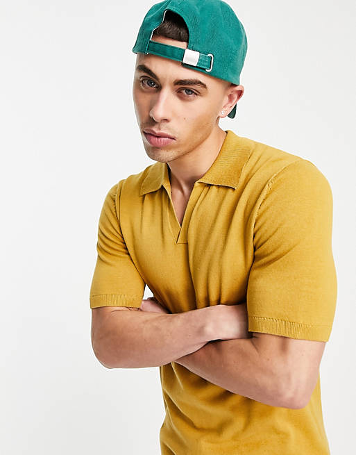ASOS DESIGN knitted cotton notch neck polo in mustard