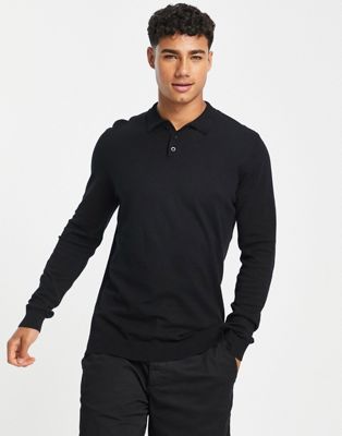 ASOS DESIGN knitted cotton polo jumper in black