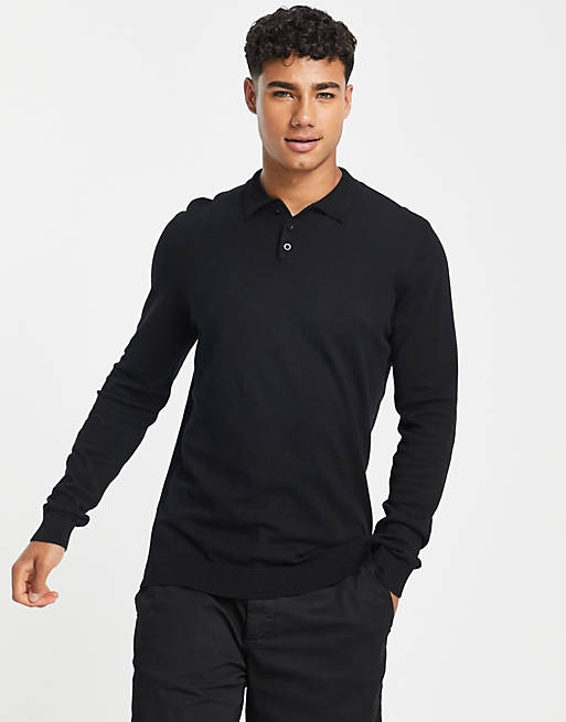 ASOS DESIGN knitted cotton polo jumper in black | ASOS