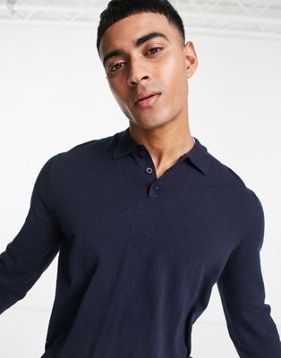 ASOS DESIGN knitted cotton polo jumper in navy