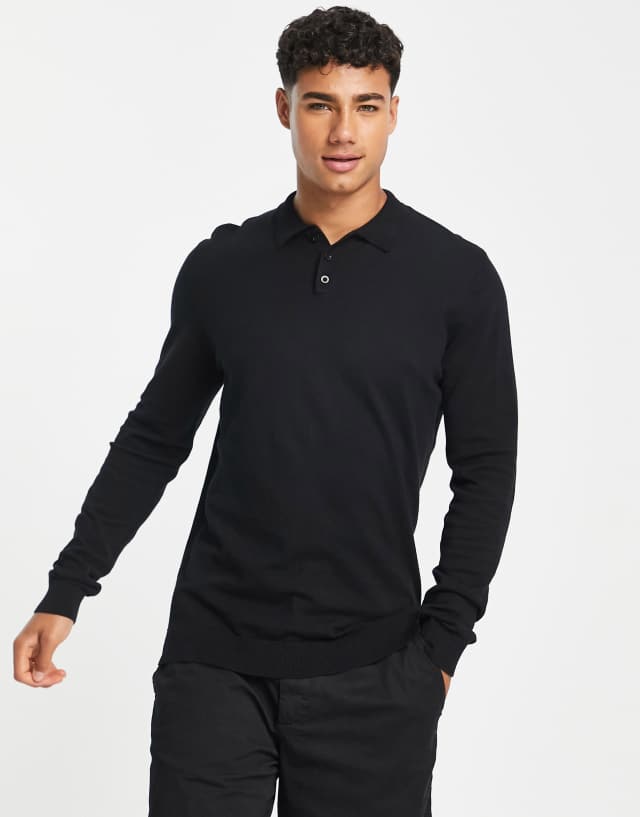 ASOS DESIGN knitted cotton polo sweater in black