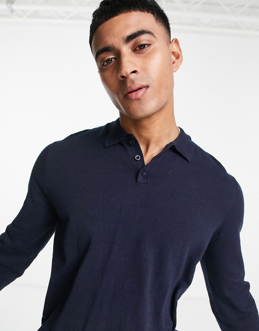 ASOS DESIGN knitted cotton polo sweater in navy