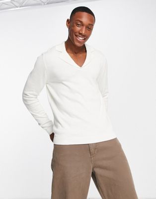ASOS DESIGN knitted cotton revere polo jumper in white