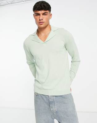 Asos Design Knitted Cotton Revere Polo Sweater In Mint Green