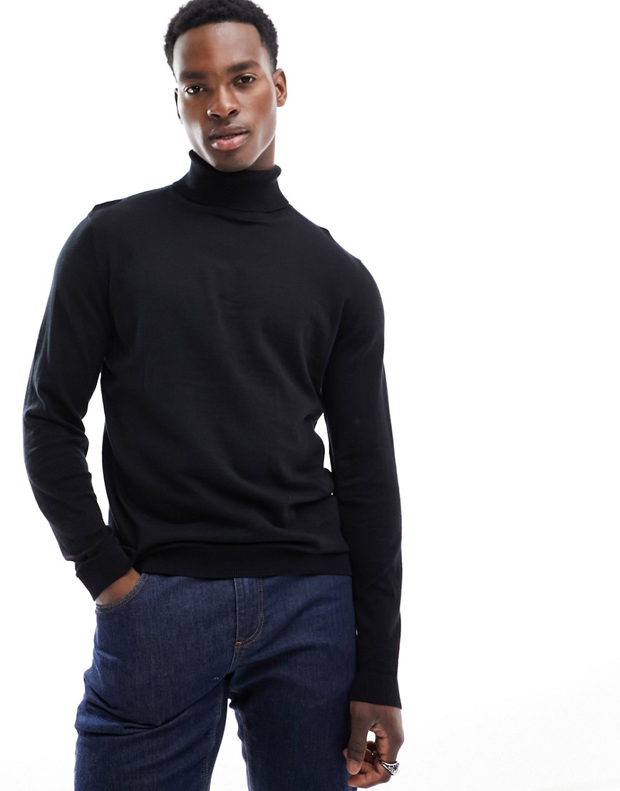 ASOS DESIGN knitted cotton roll neck jumper in black