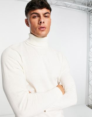 ASOS DESIGN knitted cotton roll neck jumper in ecru