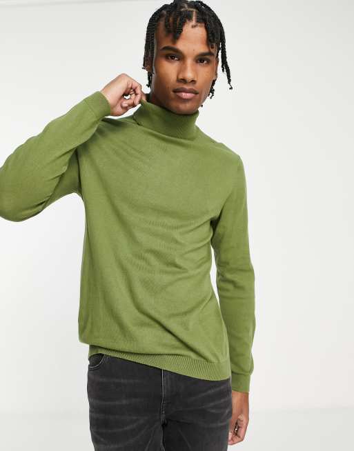 ASOS DESIGN knitted cotton roll neck jumper in khaki